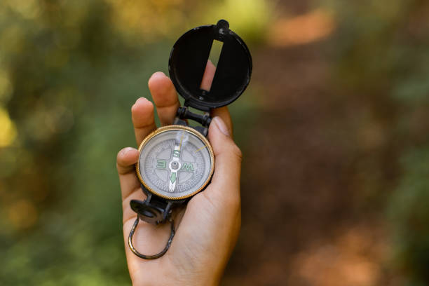istock Human hand holding a compass outdoors 1366671462