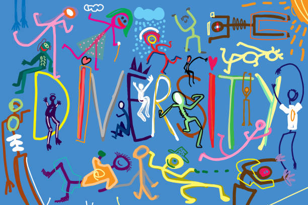 Diversity is beautiful Illustrated poster showing stick-man figures that represents people of different nationalities and race and promoting diversity among them diversity hands forming heart stock illustrations
