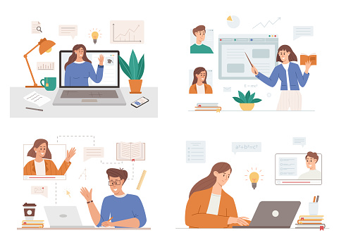 Set of online education scenes. Education webinar. Students learning online. Teacher conducts lecture in online format. Flat vector illustration.
