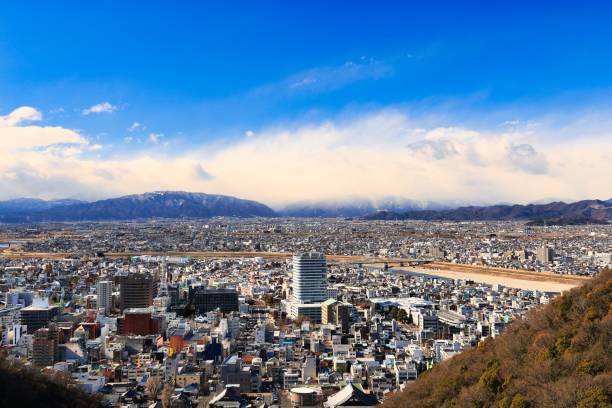 Gifu City View from a hill, Gifu City Hall and Nagara River stock photo