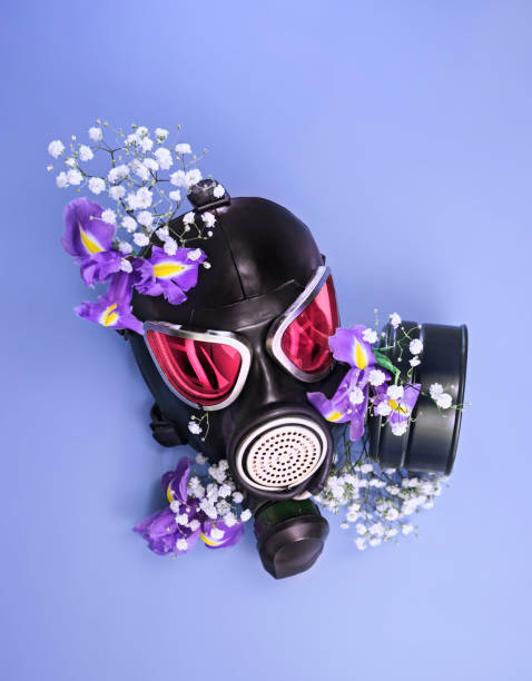 ピンクのレンズと花と黒のガスマスク。愛は空気中にある - 反バレンタインデーの概念。愛の狂気から身を守る - gas mask mask nobody protection ストックフォトと画像