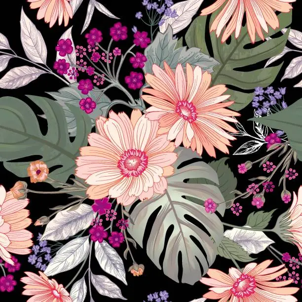 Vector illustration of Floral seamless pattern. Garden Flower bouquet summer nature background.