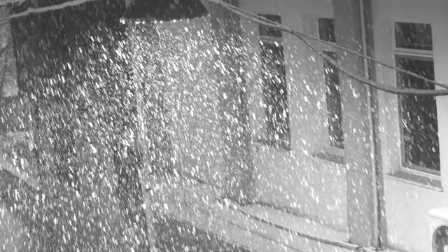 4k video Heavy snowfall and wind. Fluffy snow 
in the light of a night lamp.