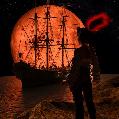 Pirate sailboat at the full red moon. The pirate woman standing on a rock. 3d rendering.