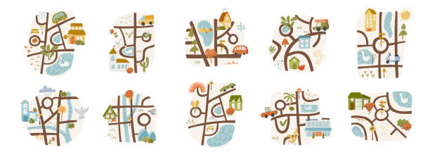 Set of 10 cute landscape doodle map with pond, route and house river country nursery garden cartoon vector illustration, isolated on white. Set of 10 cute landscape doodle map with pond, route and house river country nursery garden cartoon vector illustration, isolated on white. City path wooden pointer, hand drawn printing clipart. garden pathway stock illustrations