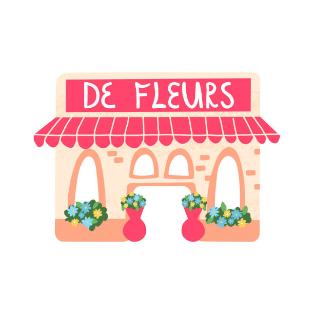 illustrations, cliparts, dessins animés et icônes de jolie français fleuriste avec auvent, magasin de fleuriste dessiné à la main, bâtiment du marché du jardin avec des fleurs fraîches en fleurs dans des vases. visite de paris. illustration de bande dessinée isolée par vecteur. - store flower bouquet florist