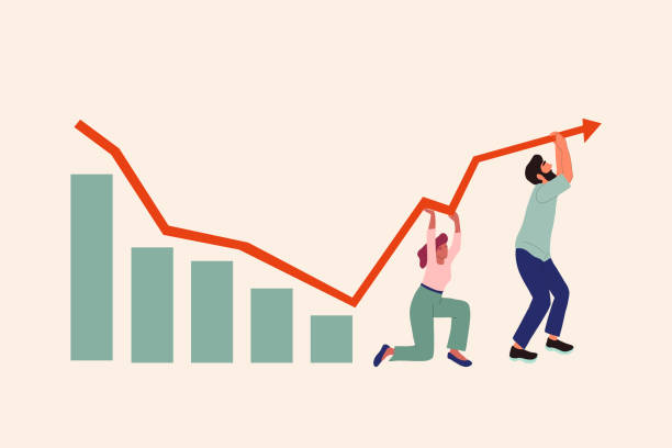 istock Illustration of global economic impacts, recession, economy graph chart down. Bankrupt concept. People trying to keep downward financial trend arrow risk crisis, money lost business vector. 1366685914