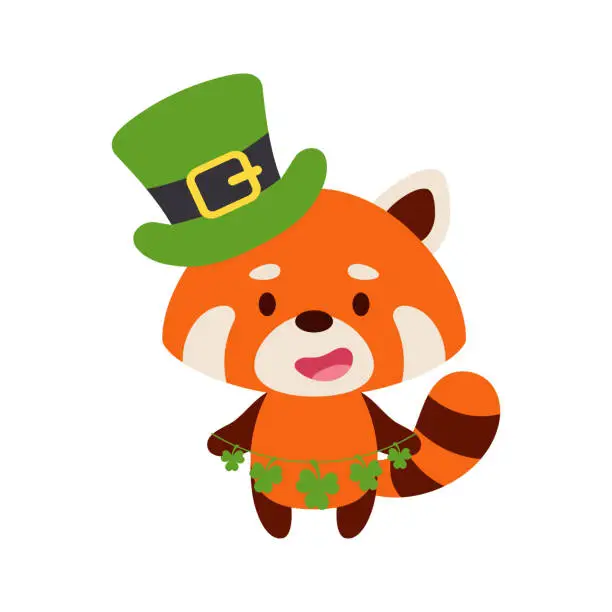 Vector illustration of Cute red panda in St. Patrick's Day leprechaun hat holds shamrocks. Irish holiday folklore theme. Cartoon design for cards, decor, shirt, invitation. Vector stock illustration.