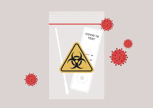 Vector illustration of Used coronavirus rapid test kit in a plastic zip bag with a yellow triangle biohazard logo