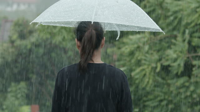 Woman is holding umbrella walking alone under the rain