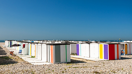 Le Havre beach with colored beach cabins. Le Havre in Normandy, France. September 13, 2020.