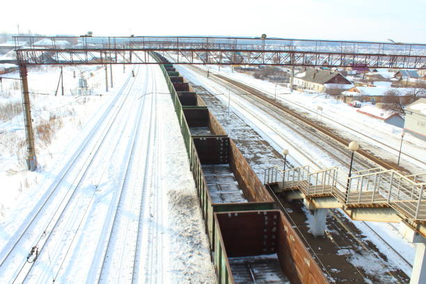Empty freight cars from the train at the railway station. Freight composition.