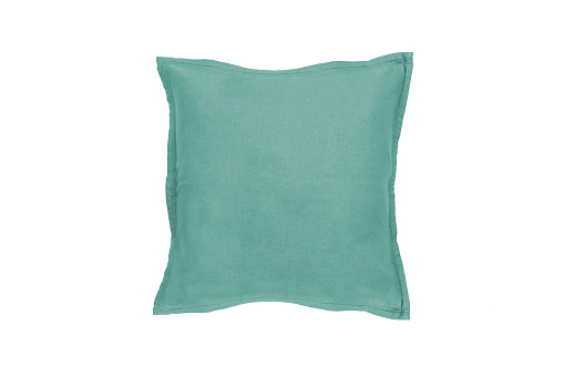 Decorative soft pillow, green linen, isolated on white background