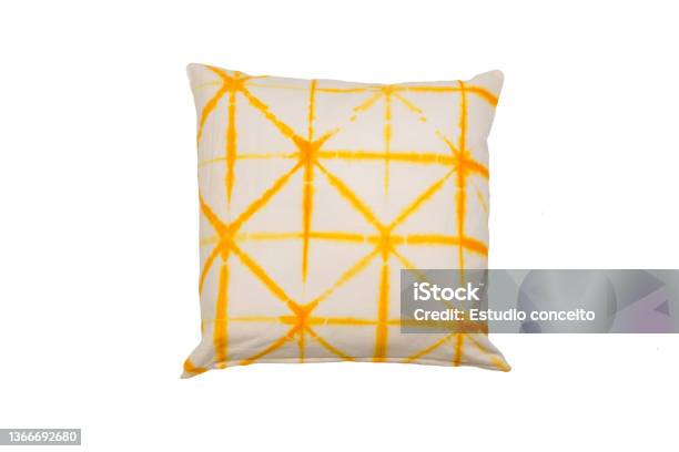 Decorative Soft Pillow Yellow Tie Dye Pattern Isolated On White Background Stock Photo - Download Image Now