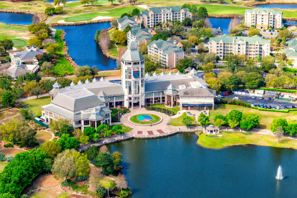 World Golf Village Aerial St. Augustine, United States - March 10, 2021:  The "World Golf Village" resort and the Golf Hall of Fame located in St. Augustine, Florida shot from an altitude of about 800 feet during a helicopter photo flight of the region. sod roof stock pictures, royalty-free photos & images