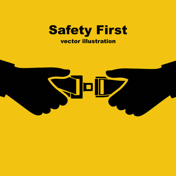 ilustrações, clipart, desenhos animados e ícones de cinto de segurança ícone preto. safety first conceito. vetor flat. - cinto de segurança