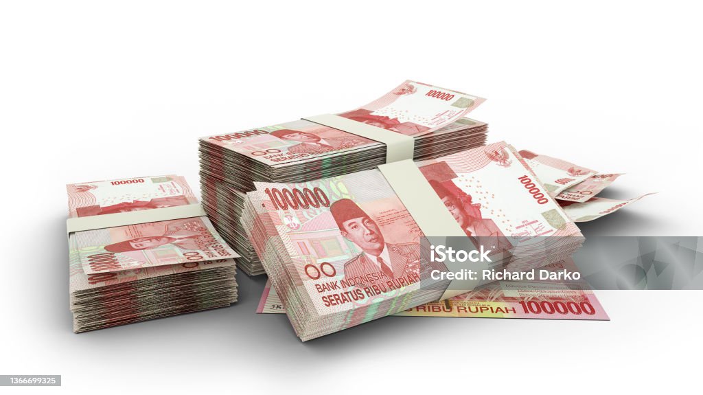 3D Stack of 100000 Indonesian Rupiah notes isolated on white background Currency Stock Photo