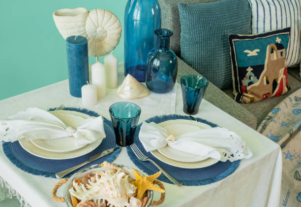 istock Marine style in the interior, table setting in a sea style 1366702147