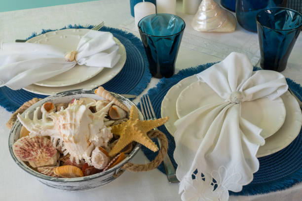 istock Marine style in the interior, table setting in a sea style 1366702154