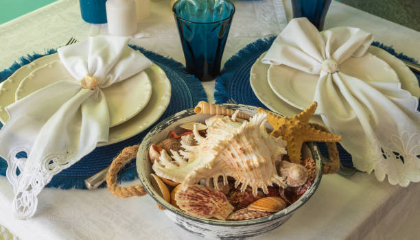 istock Marine style in the interior, table setting in a sea style 1366702162