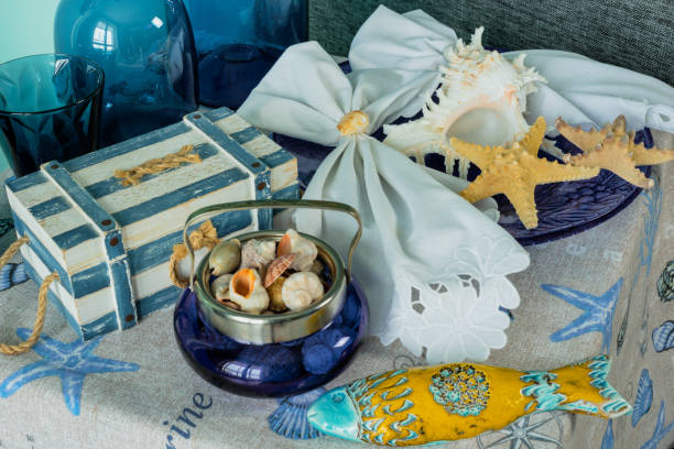 istock Marine style in the interior, table setting in a sea style 1366702207
