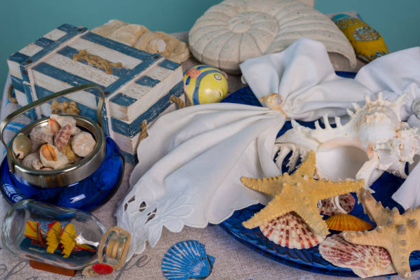 istock Marine style in the interior, table setting in a sea style 1366702217