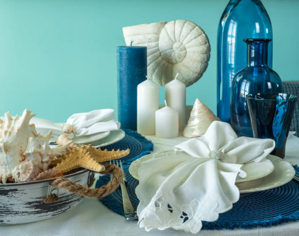 istock Marine style in the interior, table setting in a sea style 1366702444