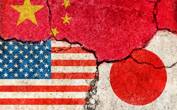 istock Grunge flags illustration of three countries with conflict and political problems (cracked concrete background) / China, USA and Japan 1366704201