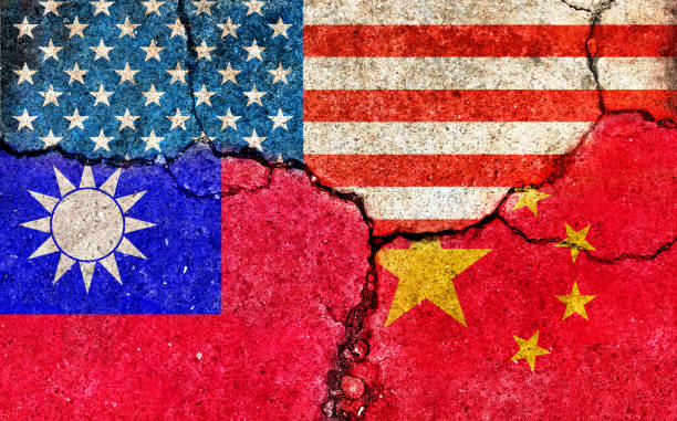 grunge flags illustration of three countries with conflict and political problems (cracked concrete background) | usa, china and taiwan - china stock illustrations