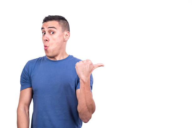istock Man pointing to the side with the thumb 1366705746