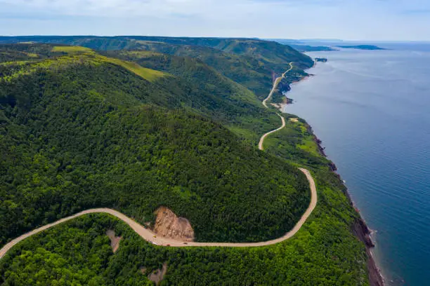 Photo of Aerial view of the winding Cabot Trail road