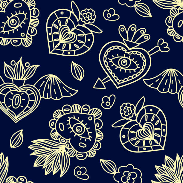 ilustrações de stock, clip art, desenhos animados e ícones de seamless pattern with sacred mexican hearts. vector - mexican flame leaf