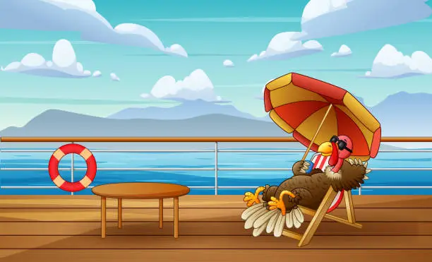 Vector illustration of Cute cartoon a turkey is sunbathing on chaise lounge under colorful parasol