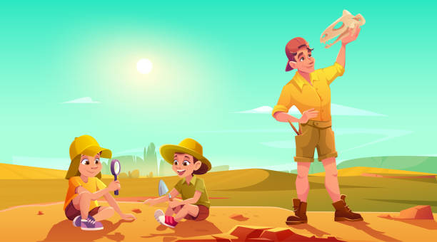 Kids explore dino fossils, play in archaeologists Kids explore archaeology and dino fossils, children play in archaeologists on excavations, digging soil, exploring artifacts with glass. Adult man holding dinosaur skull, cartoon vector illustration paleontologist stock illustrations