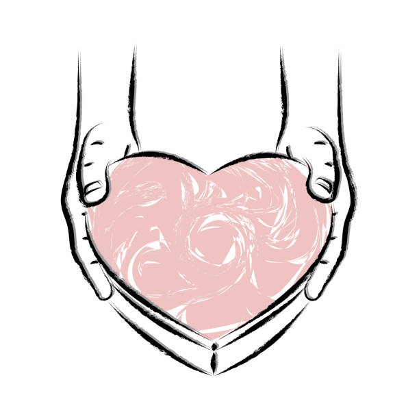 istock Hands holding gift box with heart-shaped. Gift for Valentine's Day, Mother's Day, Birthday. Romantic date, wedding anniversary. Declaration of love. Offer of marriage. Sketch, linear drawing 1366710871