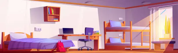 Vector illustration of Student dormitory or hostel room with bunk and bed