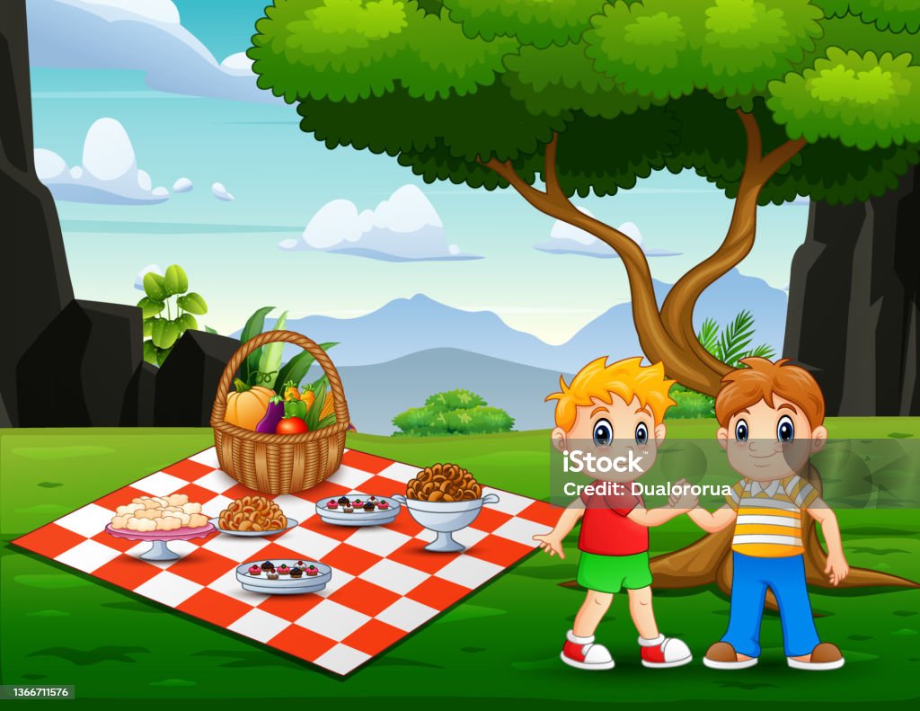 Cartoon Of Two Boys Having A Picnic In The Park Stock Illustration -  Download Image Now - Child, Picnic Basket, Agricultural Field - iStock