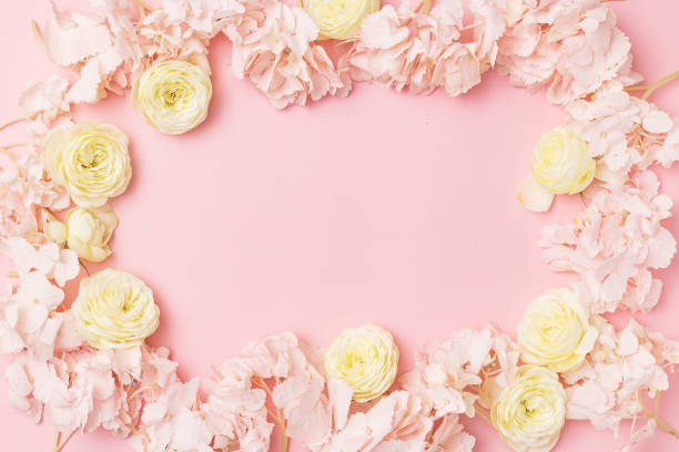 istock Flower flat lay for decorative design on pink background. Minimal romantic hipster concept, mockup background 1366711602