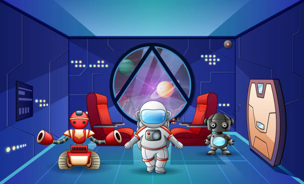 istock Illustration of astronaut and robots in the spaceship 1366712440