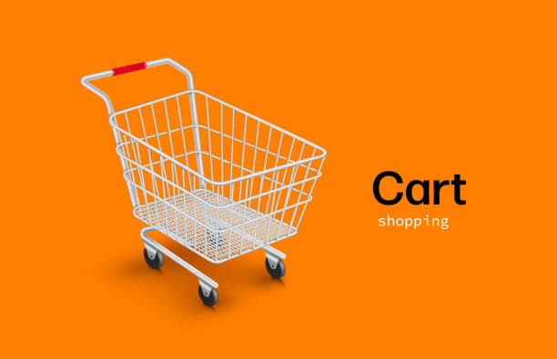 Shopping cart put on an orange background Shopping cart put on an orange background for shopping promotion sale concept design,vector 3d virtual isolated for advertising design for sale flash stock illustrations