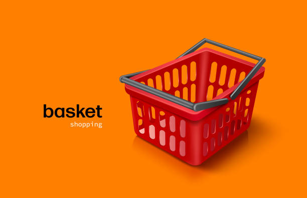 ilustrações, clipart, desenhos animados e ícones de cesta de compras vermelha alça de plástico preto colocar em um fundo laranja - retail occupation flash