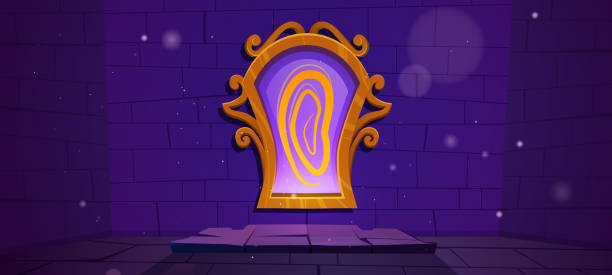 ilustraciones, imágenes clip art, dibujos animados e iconos de stock de espejo mágico en marco dorado sobre pared de piedra - metallic wall brick glowing