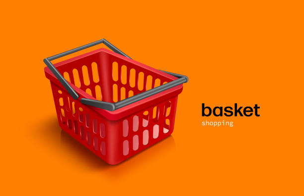 ilustrações, clipart, desenhos animados e ícones de cesta vermelha de plástico preto colocado em um fundo laranja para venda de promoção de compras - retail occupation flash