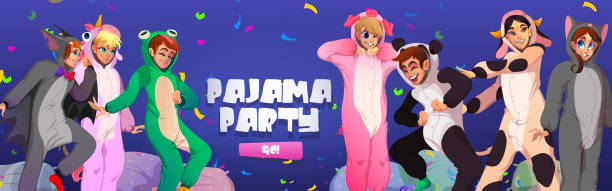 ilustrações de stock, clip art, desenhos animados e ícones de pajamas party cartoon web banner, kigurumi fun - onesie