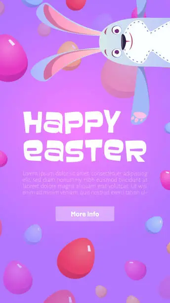 Vector illustration of Happy Easter poster with eggs and cute bunny