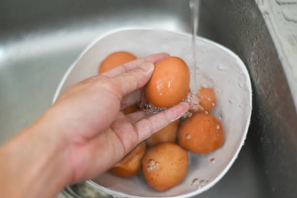 lavez les œufs, lavez les œufs à la main sur le bol à l’évier nettoyez les œufs de poule frais - wash bowl photos et images de collection