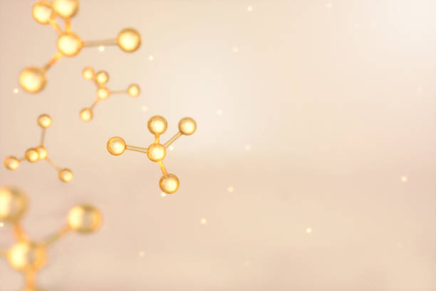 Gold molecules background Gold molecule with golden light on bright brown background. Cosmetic and Skin serum treatment concept. 3D rendering body care and beauty stock pictures, royalty-free photos & images