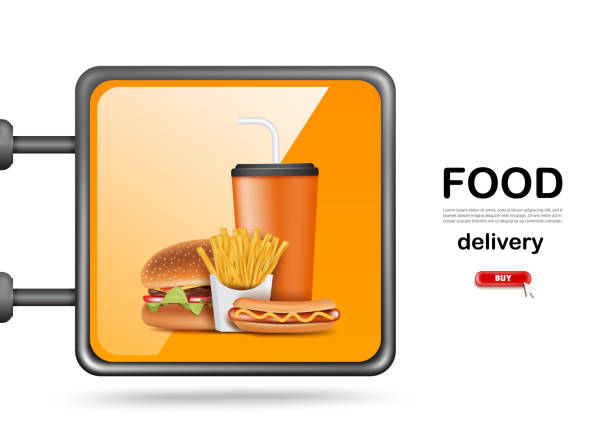 ilustraciones, imágenes clip art, dibujos animados e iconos de stock de una señal de un restaurante de comida rápida para la entrega de comida - white food and drink industry hamburger cheeseburger
