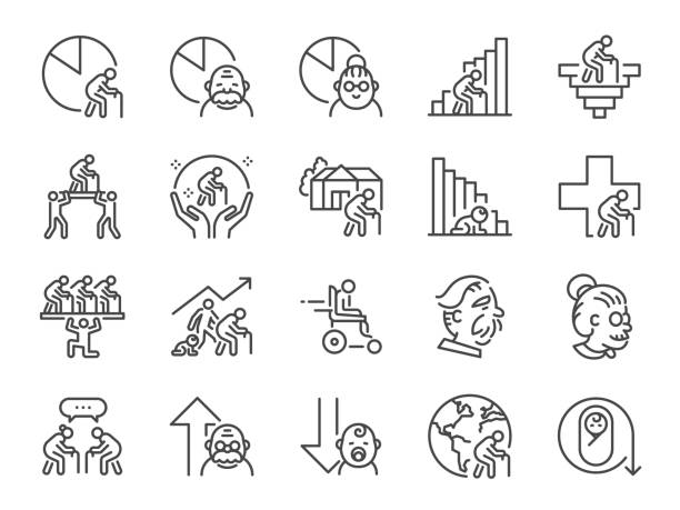 ilustraciones, imágenes clip art, dibujos animados e iconos de stock de conjunto de iconos de línea de la sociedad envejecida. incluyó los íconos como personas mayores, personas mayores, población, tasa de natalidad y más. - human age