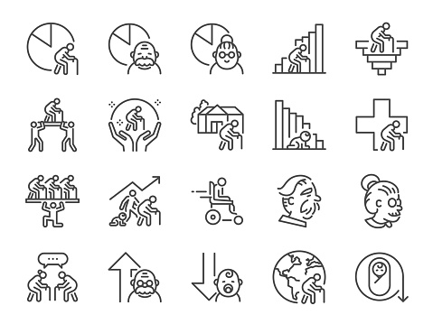 Aging society line icon set. Included the icons as senior citizen, old people, population, Birth rate, and more.